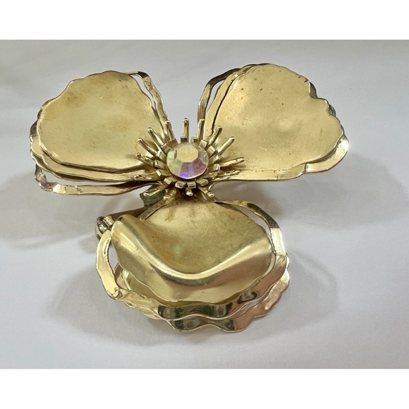 Vintage Gold Tone Sculptural Flower Brooch AB Rhinestone Mid Century Statement - Picture 10 of 12